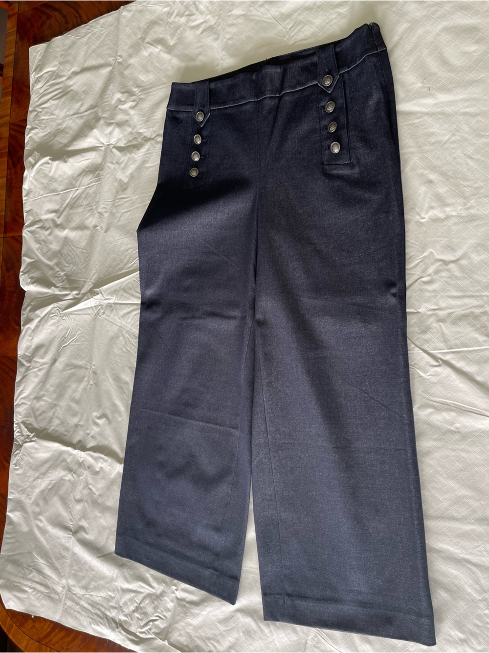 Talbots Navy stretch denim High-Waist Wide Leg pants. Decorative buttons